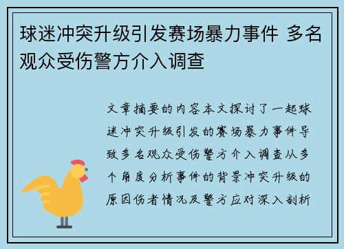 球迷冲突升级引发赛场暴力事件 多名观众受伤警方介入调查
